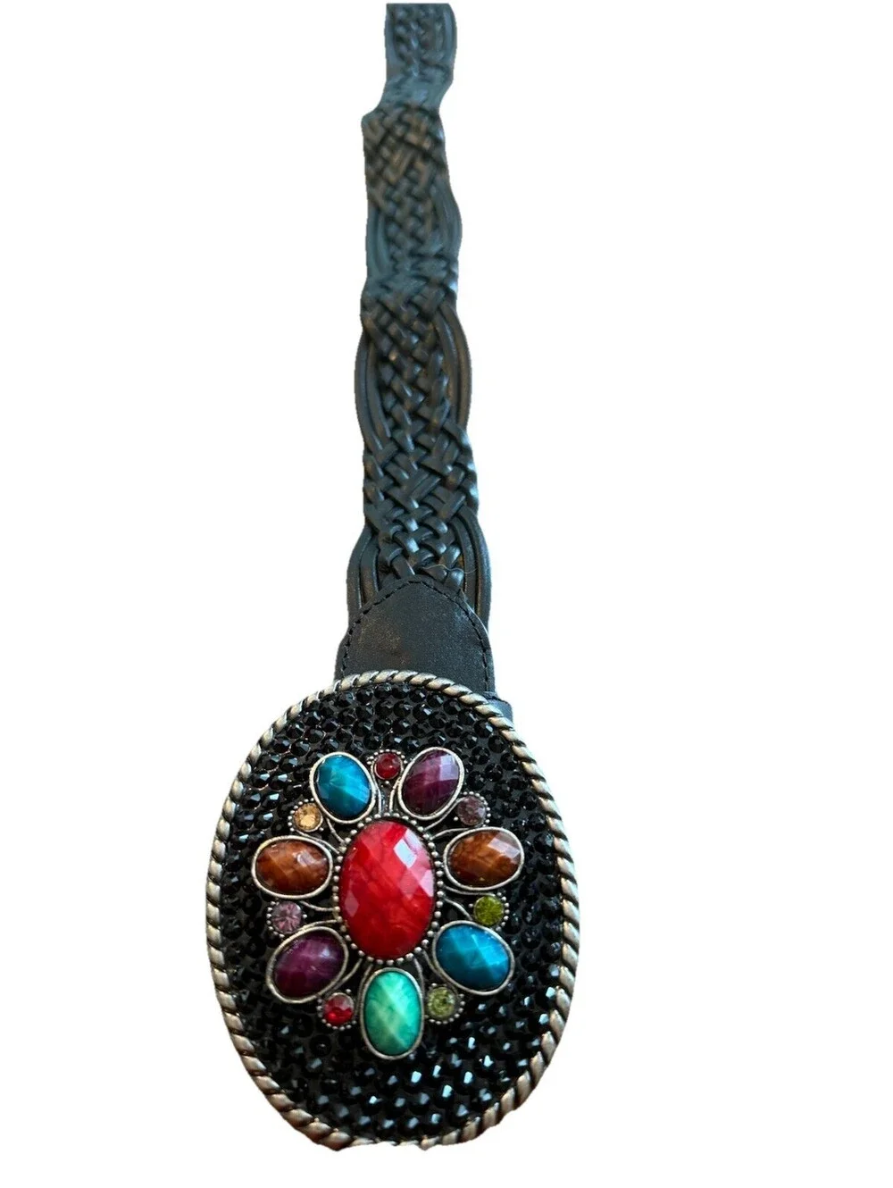 Buckle Your Belt Boho Western Style Braided Black And Gemstone Statement Belt